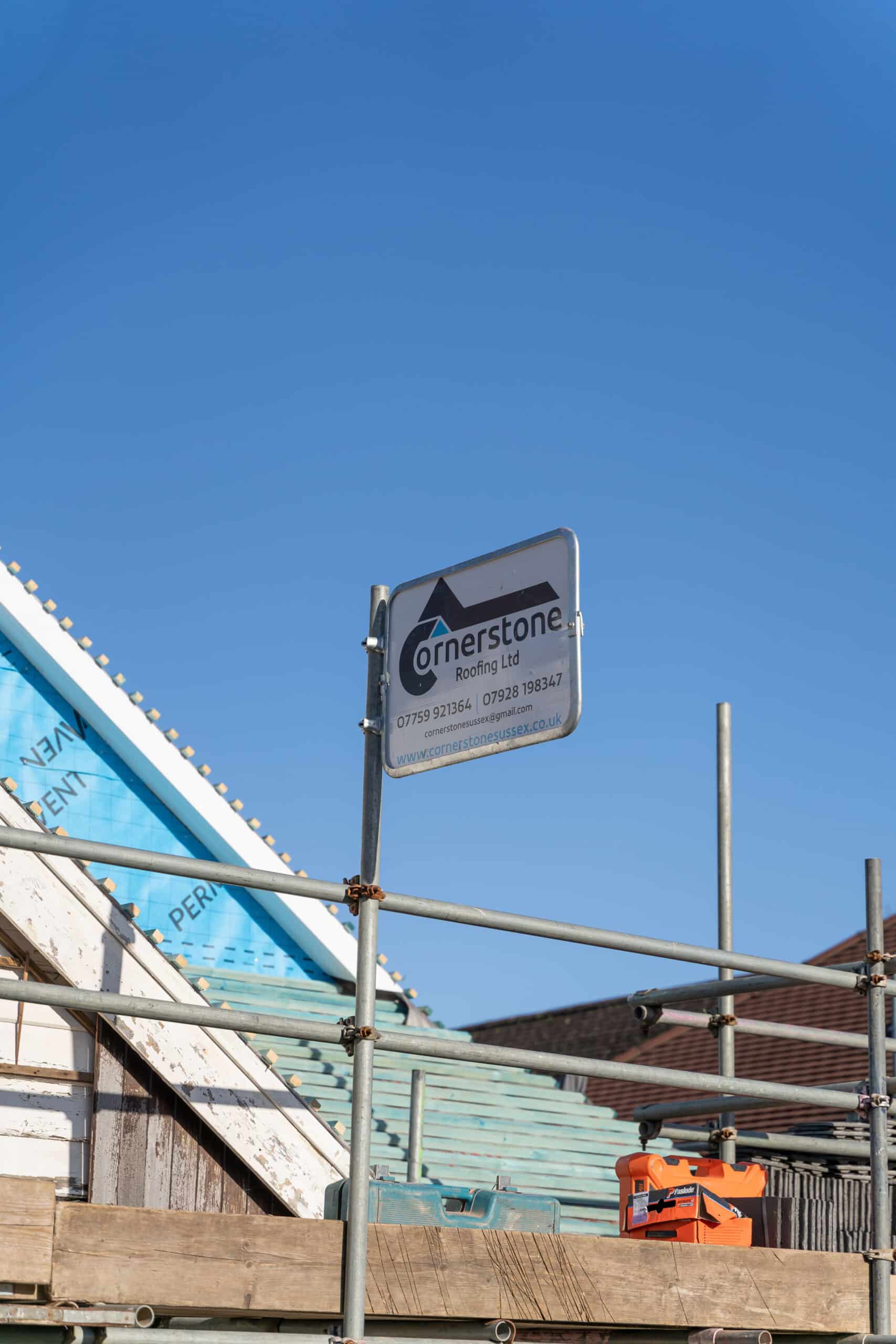 Close-up of roof repair work by Cornerstone Roofing in Sussex